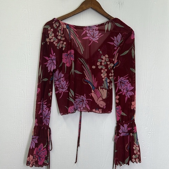 Free People - Paradise Cocoa Combo Button Up And Tie V Neck Blouse Size XS - Picture 11 of 12